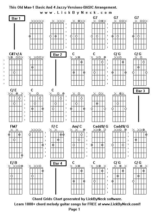 Chord Grids Chart of chord melody fingerstyle guitar song-This Old Man-1 Basic And 4 Jazzy Versions-BASIC Arrangement,generated by LickByNeck software.